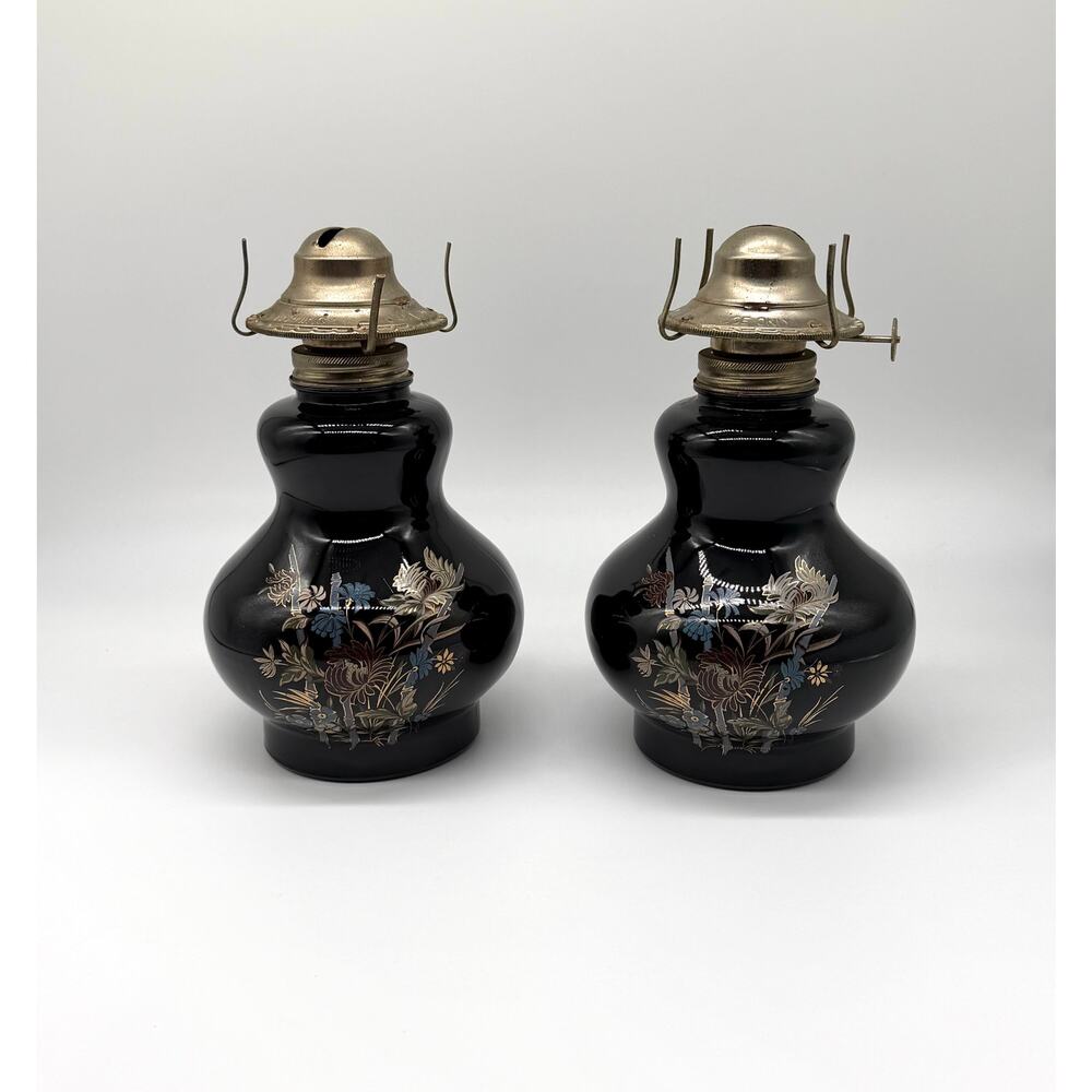 Vintage Black Glass Oil Lamps Pair Floral Hurricane Lanterns Brass Burners